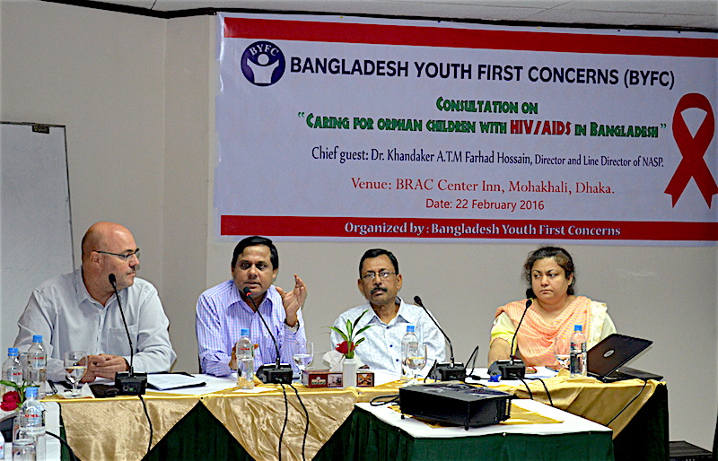 From left, Steve Blacket (Fulcrum Aid), Dr Md Anisur Rahman (NASP), Dr Ratu Saha (BYFC) & Dr Saima Khan (UNAIDS)